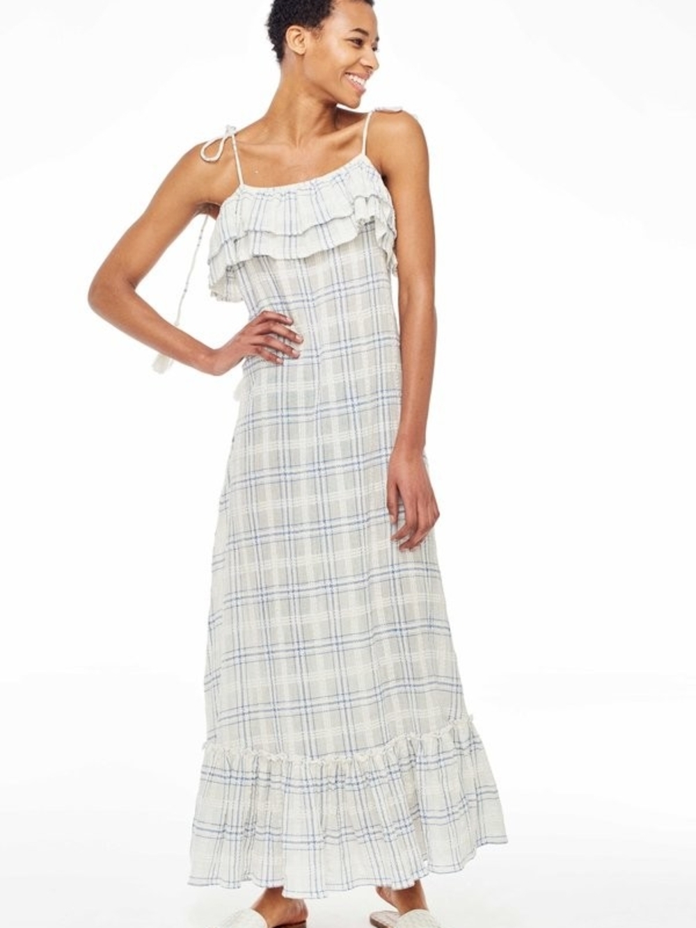 Antik Batik Blue Plaid Ruffle Tony Strappy Maxi Dress